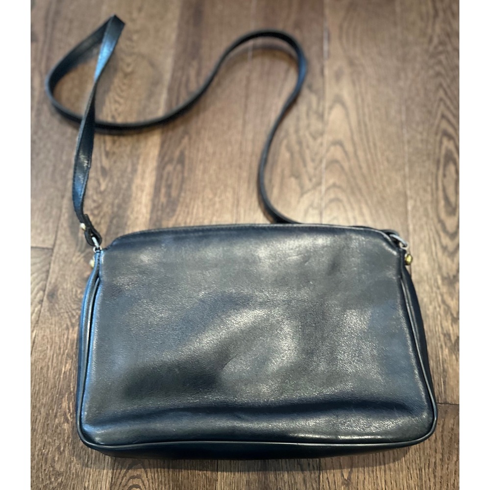 Etienne Aigner Vintage Black Leather Crossbody Bag Ostrich Embossed Trim - Picture 3 of 4